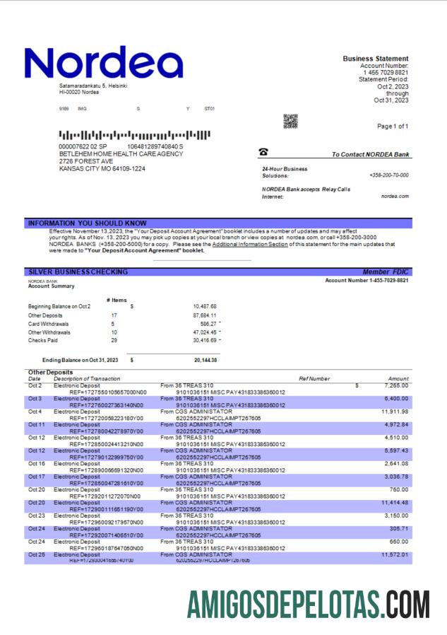 Realista Nordea Bank Enterprise Extrato de conta corrente modelo Word e PDF